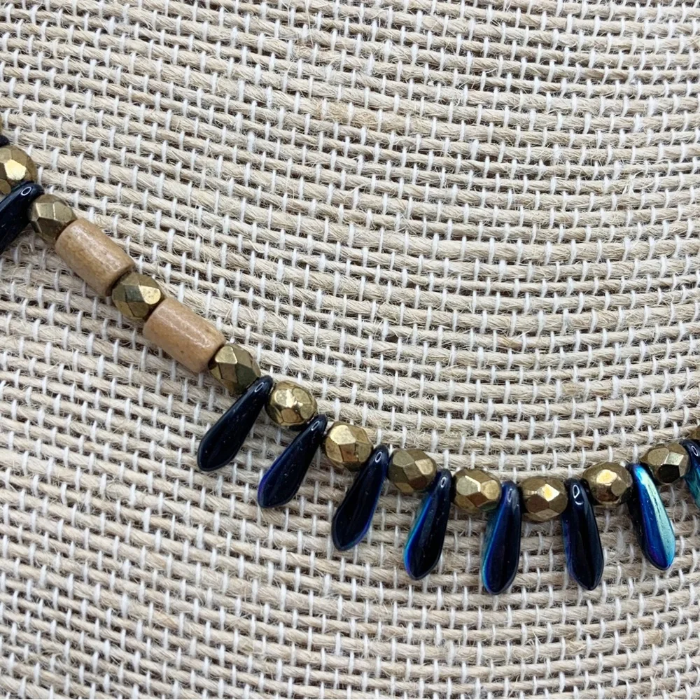 Blue, gold, wood and peacock iridescent faceted dainty Briolette bead necklace